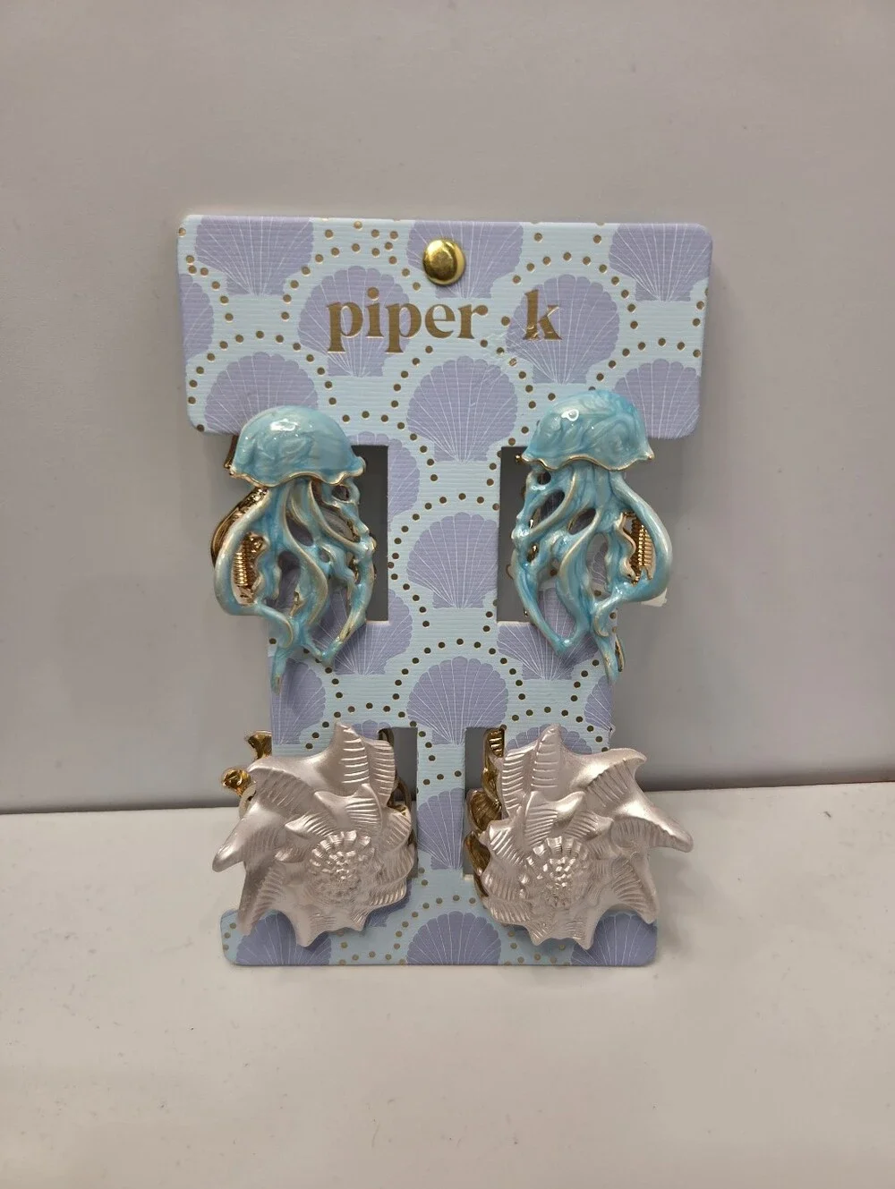 💙▪️Piper K ▪️ Ocean Jellyfish and Shell Hair Claw Clip- Aqua/ Pearl Set Of 4